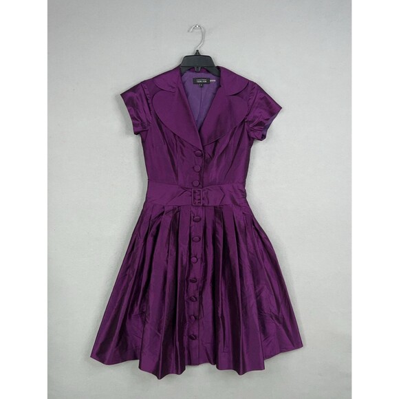 Teri Jon Rickie Freeman Dress Women 6 Purple Silk Shirt Belted Pleated MOB Party - Picture 1 of 14